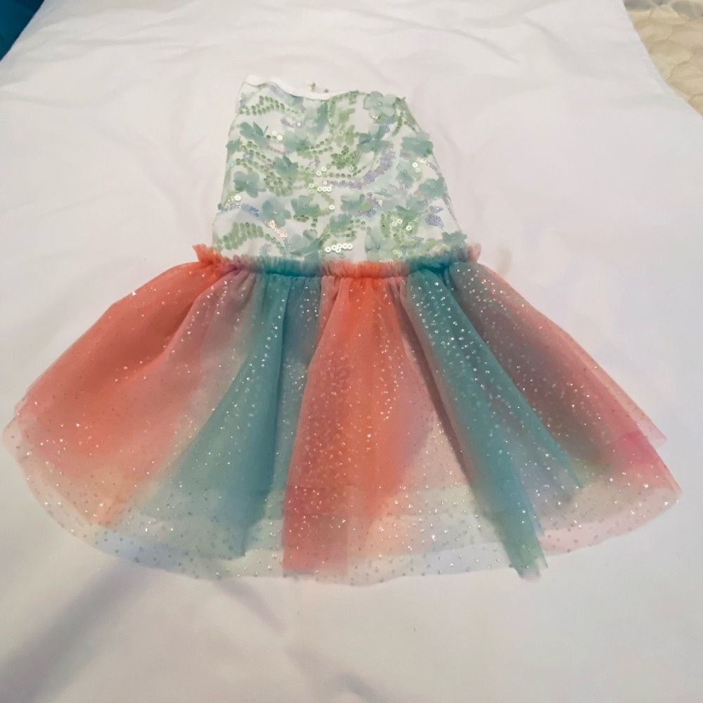Dog Dress in Toole and Sequins.  Snap closure in back.  Size XL.  NWOT